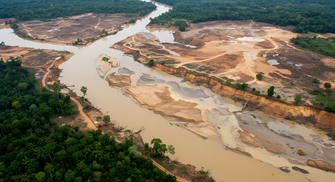 An aerial view of severe river pollution caused by gold mining, showing heavy sediment and widespread environmental degradation.