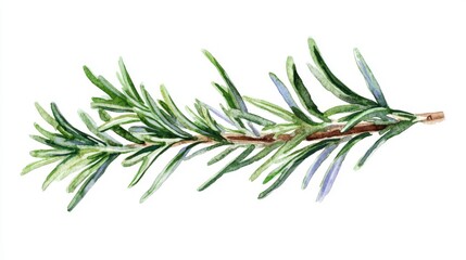 Illustration of a rosemary sprig in watercolor style, depicting a fresh herb and culinary ingredient as a piece of botanical art isolated on a white background, suitable for recipes and design