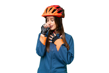 Young cyclist woman over isolated chroma key background is suffering with cough and feeling bad