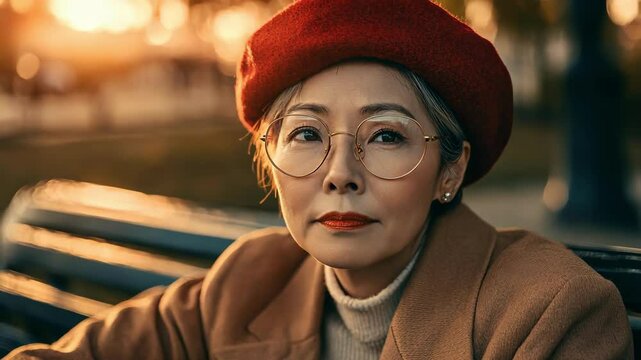 Thoughtful mature woman in red beret and glasses sits outdoors at sunset.