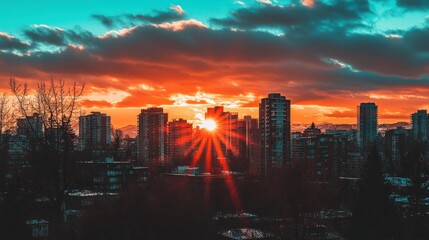 Fototapeta premium Vibrant Sunset Over Cityscape with Dramatic Clouds and Silhouettes