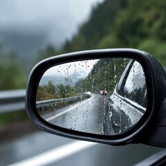 Rainy drive along a winding road, reflecting nature and vehicle in side mirror on a cloudy day