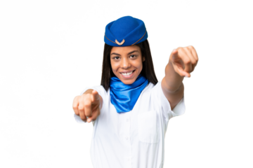 Airplane stewardess African american woman over isolated background points finger at you while smiling