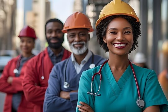 Diverse professionals, city background. - Powered by Adobe