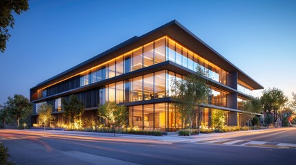 Sleek Contemporary Office Building Exterior at Night