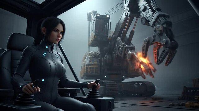 Futuristic Excavator Operation: Woman Controls Heavy Machinery in Industrial Setting