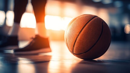 Naklejka premium Basketball resting on a court floor with blurry player in background.