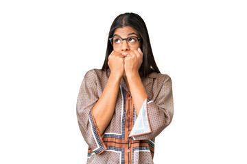 Young African American woman over isolated chroma key background nervous and scared putting hands...
