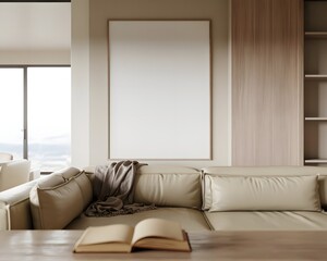 Minimalist Living Room Interior with Blank Frame Sofa Book and Throw Blanket