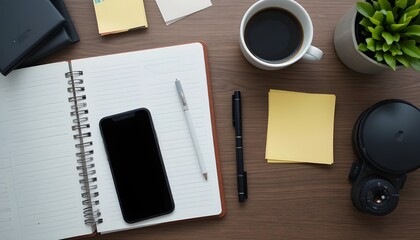 Top-down view of stylish office desk, notebook, smartphone, coffee cup, black pen, sticky notes, glasses, modern and clean look