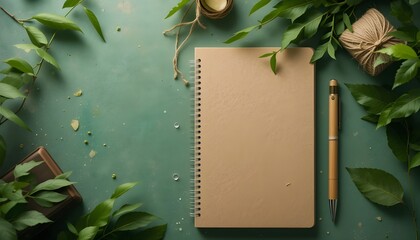  view of eco-friendly stationery set, kraft paper notebook, bamboo pen, jute string, leaves, green background, natural lighting