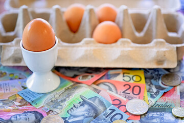 Australia cost of living crisis, eggs in carton and boiled egg in cup, sitting on australian bank...