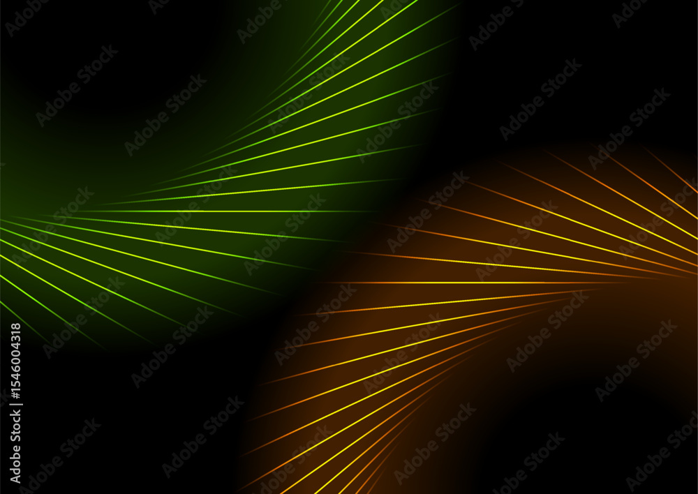 Poster abstract glowing green and orange laser rays tech futuristic background. vector design