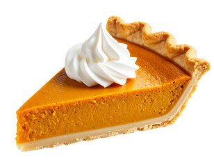 Side View of Pumpkin Pie Slice with Whipped Cream Topping and Crumbed Edges, Isolated PNG