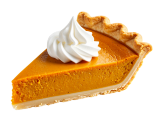 Side View of Pumpkin Pie Slice with Whipped Cream Topping and Crumbed Edges, Isolated PNG