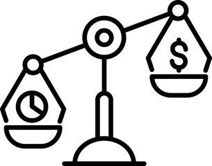 Time and money balance icon, black outline style, shows scale with clock on one side and dollar sign on other, symbolizing decision, value, and financial management