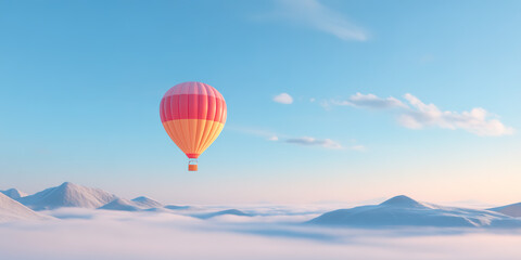 A colorful hot air balloon floating on a mountain lake natural scenery
