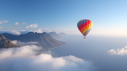 Fototapeta premium A colorful hot air balloon floating on a mountain lake natural scenery
