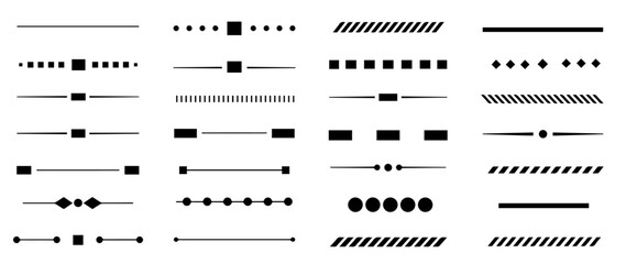 Collection of simple black lines and geometric shapes. This set includes various dotted lines, dashes, and solid lines perfect for design projects.