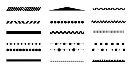Fototapeta premium Collection of simple dividers, lines, and borders. Set includes various shapes: geometric, wavy, dotted, and dashed lines.