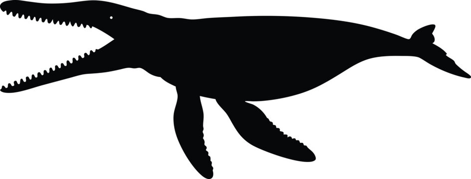 Aquatic Pliosaurus Silhouette: A Massive Outline of the Short-Necked Marine Predator, Ideal for Depicting Ancient Ocean Dominance on a Crisp White Canvas.