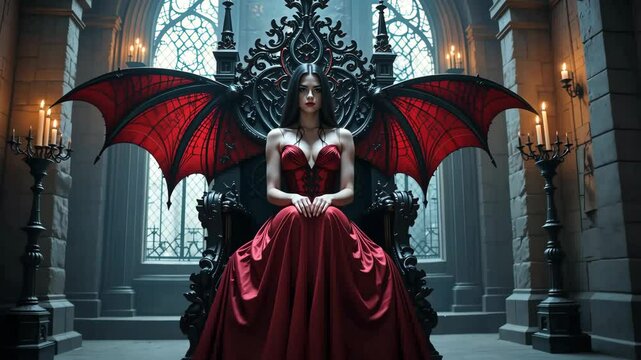 Fantasy gothic woman with red demon wings sitting on dark throne in dim medieval hall. Concept of dark fantasy power