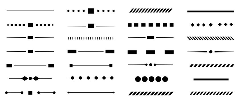 Collection of simple black lines and geometric shapes. This set includes various dotted lines, dashes, and solid lines perfect for design projects.