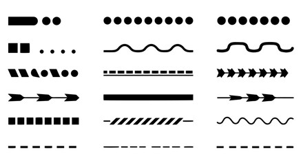 Fototapeta premium Collection of simple black lines and shapes. Design elements include dotted lines, straight lines, wavy lines, and geometric shapes. This graphic design resource is perfect for creating dividers,