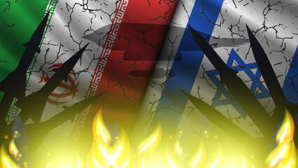 Vector oriental military banner. Bright flame, wavy flags of Iran and Star of David. Cracks and black silhouettes of missiles. Shadow of modern powerful bomber and bomb. Confrontation, crisis