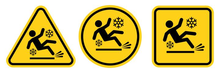 Ice Slippery Surface sign. Caution Signs for Snow and Ice Hazards. Alert for Slippery Road Conditions. Hazard slippery surface wet floor sign, vector illustration isolated on white background.