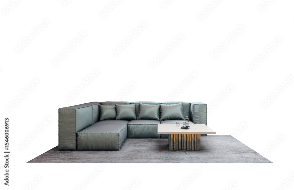 Poster contemporary l-shaped sofa set with cushions, low coffee table, and soft rug, isolated on white back