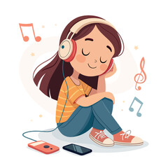 Girl immersed in music: A young girl closes her eyes, lost in her favorite song through headphones, depicted in a charming illustration with musical note dancing around her.