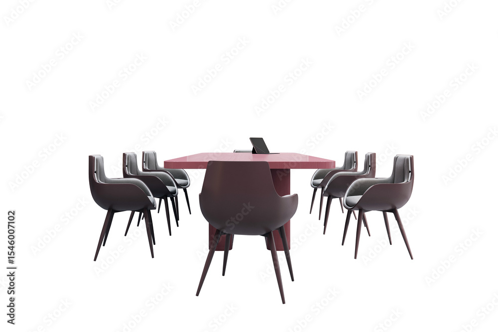 Poster contemporary office conference desk with stylish chairs arranged in a formal meeting layout on white
