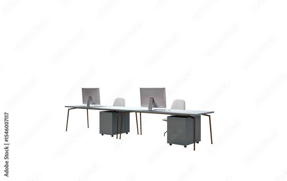 Poster office desk with two monitors, chairs, and storage units, clean minimal style, isolated on white bac