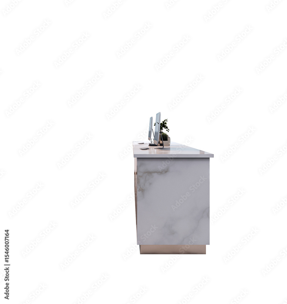 Poster Modern marble office reception desk with computers and plant, side view on white background. 3D Rendering for business interior design concept