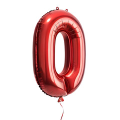 A balloon shaped like the number 0, glossy red metallic finish with realistic reflections and smooth texture.