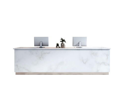 Minimalist marble reception desk with two computers and small potted plants, isolated on clean white background. Concept of corporate workspace. 3D Rendering