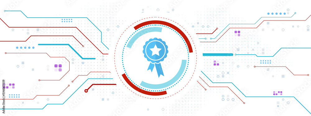 Poster Abstract digital badge with ribbon in a circular frame, surrounded by tech lines and dots on white backdrop. Concept of innovation and software. 3D Rendering