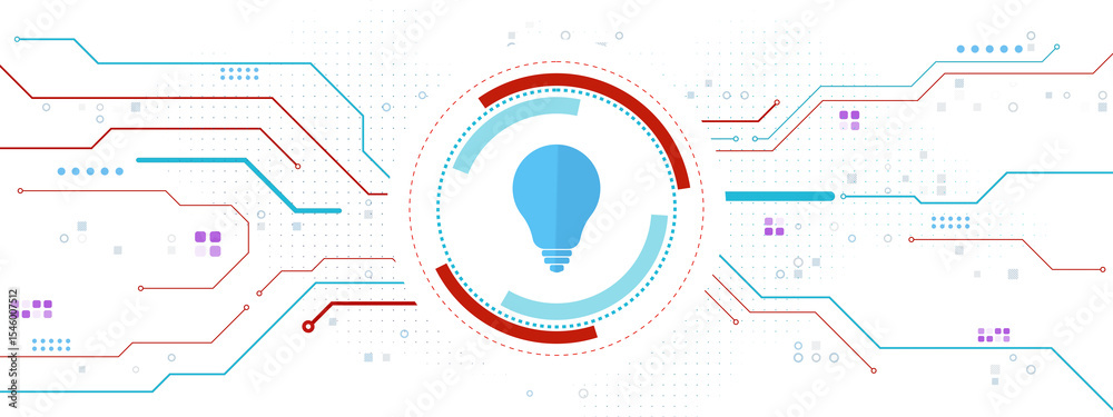 Poster blue lightbulb icon and digital circuit lines on white background, modern futuristic layout symboliz