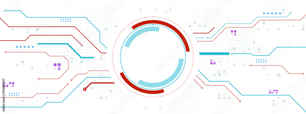 Aufkleber Abstract futuristic interface with round blue and red circuit lines, circular HUD elements on white backdrop. Concept of digital innovation. 3D Rendering