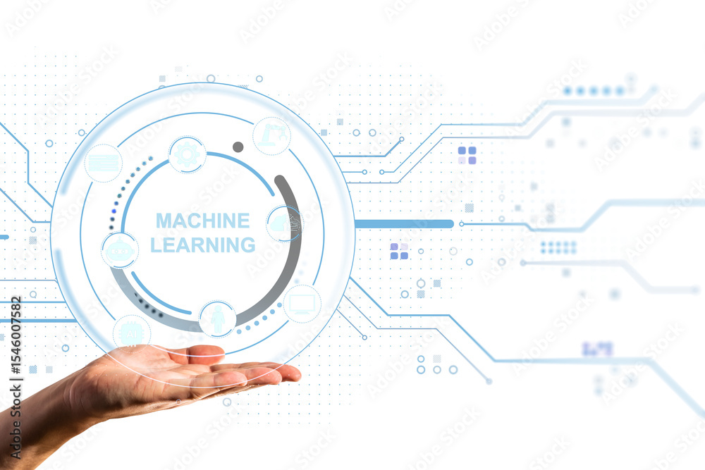 Poster human hand showing futuristic machine learning interface with circular digital graphics on white bac
