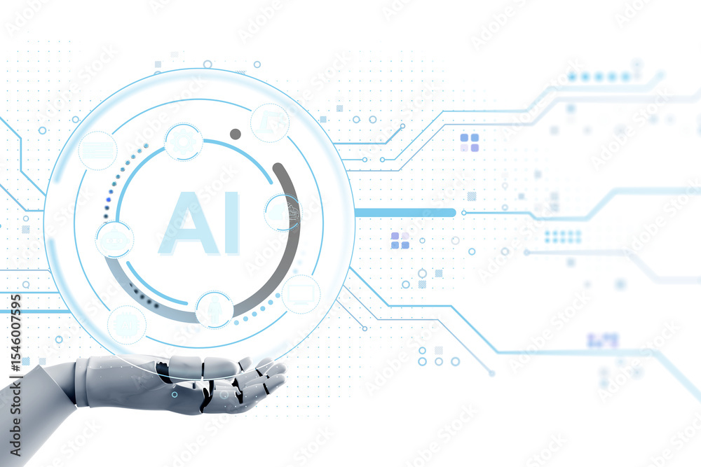 Leinwandbilder Robotic hand holding AI symbol with digital circuit interface, light tech style on white background. Concept of artificial intelligence. 3D Rendering