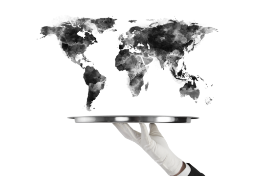 Gloved hand holding tray with black watercolor world map above, isolated on white background. Concept of global business and creative layout