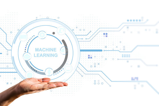 Human hand showing futuristic machine learning interface with circular digital graphics on white background, concept of artificial intelligence