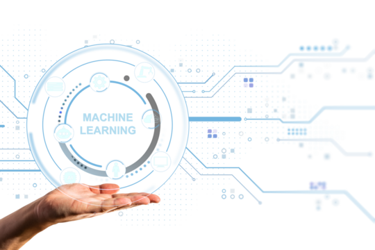 Human hand showing futuristic machine learning interface with circular digital graphics on white background, concept of artificial intelligence - Powered by Adobe