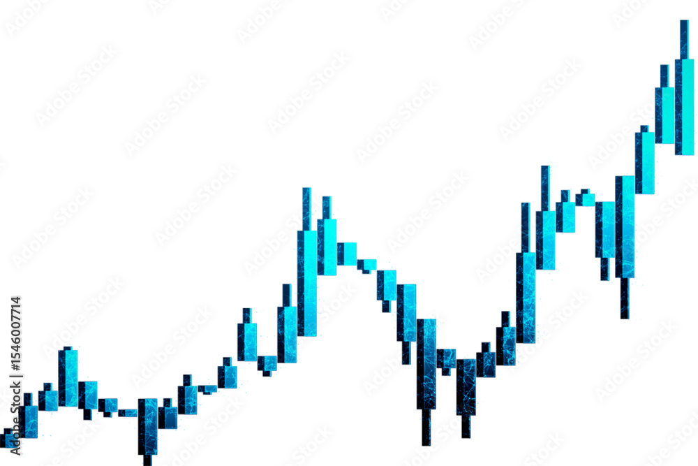 Poster abstract candlestick chart in blue tones with digital texture on isolated white background, symboliz