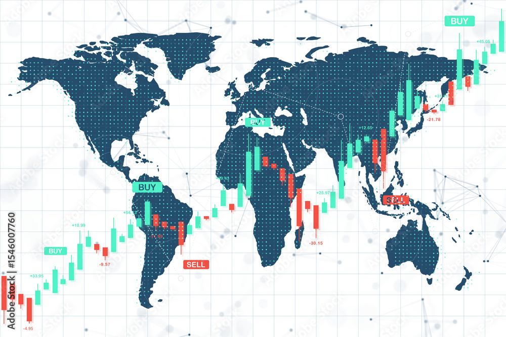 Poster candlestick chart showing buy and sell signals over world map on light digital background, concept o