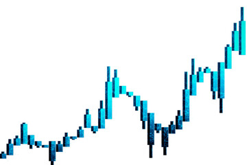 Abstract candlestick chart in blue tones with digital texture on isolated white background, symbolizing financial market data and currency exchange. 3D Rendering
