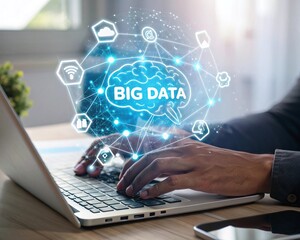 Naklejka premium Big Data Analytics & AI Technology on Laptop - Digital Brain Concept