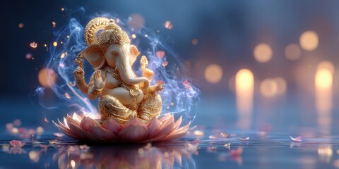 Fototapeta premium Lord Ganesh on Lotus Flower Blessing with the Light of Candles